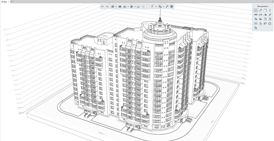 Пример 3D модели высотки, открытая в Renga Architecture 3D модель высотки в Renga Architecture
